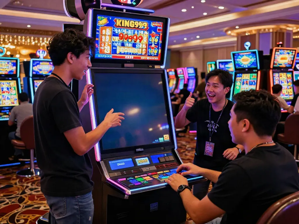 Excited players enjoying slots at king999 casino with vibrant atmosphere.