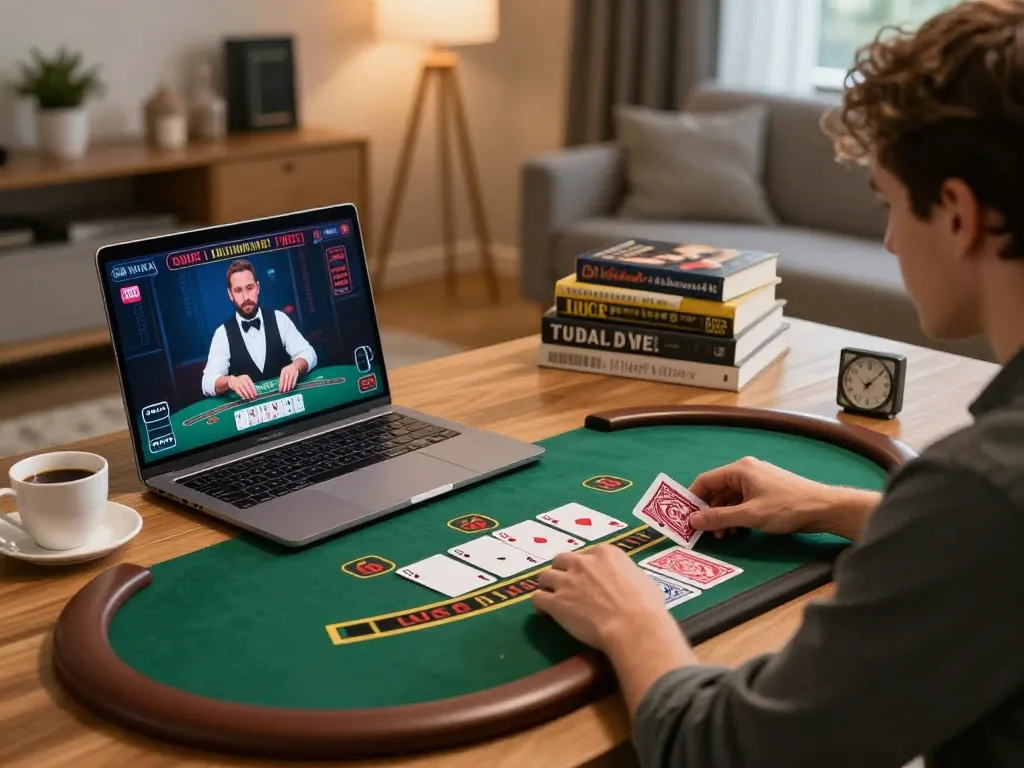 Player enjoying a live blackjack game on tr88 with laptop showing cards and dealer