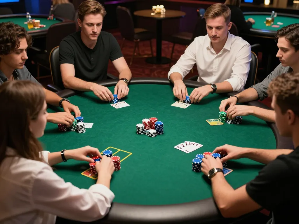 Players enjoy competitive Texas Hold'em poker on Pokerseri with lively discussion and vibrant chips.