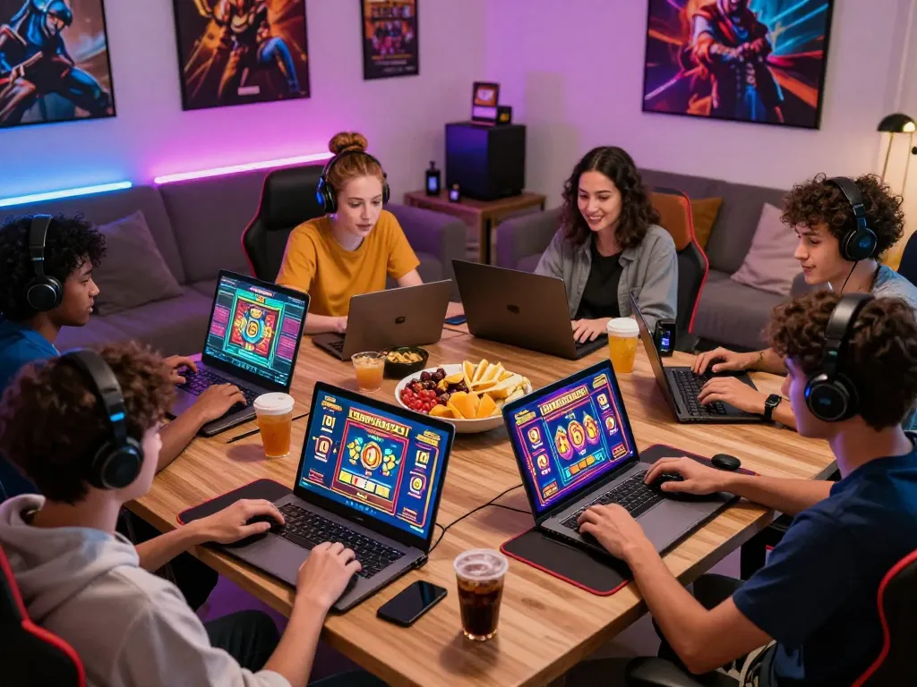 Excited friends enjoying Barcaslot digital games in a vibrant living room.