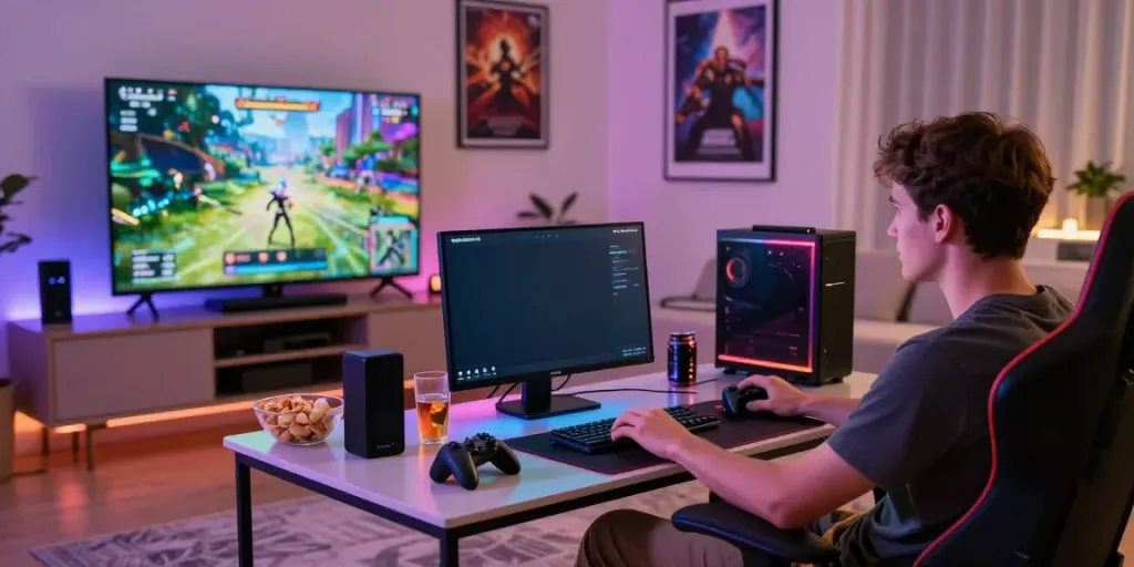 Engaged gamer using the ORION88 app in a stylish living room.