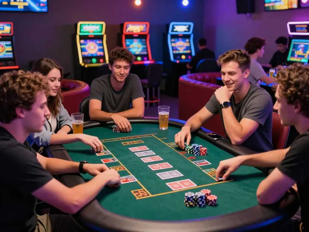 Diverse group enjoying an exciting game of sultan88 in a vibrant gaming venue with colorful lights and lively ambiance.