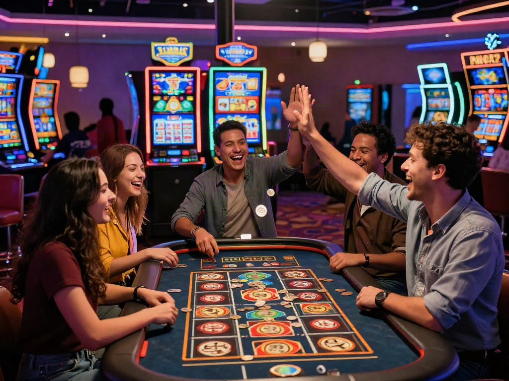 Group celebrating at a slot gacor machine in a lively casino atmosphere, with neon lights and excitement.