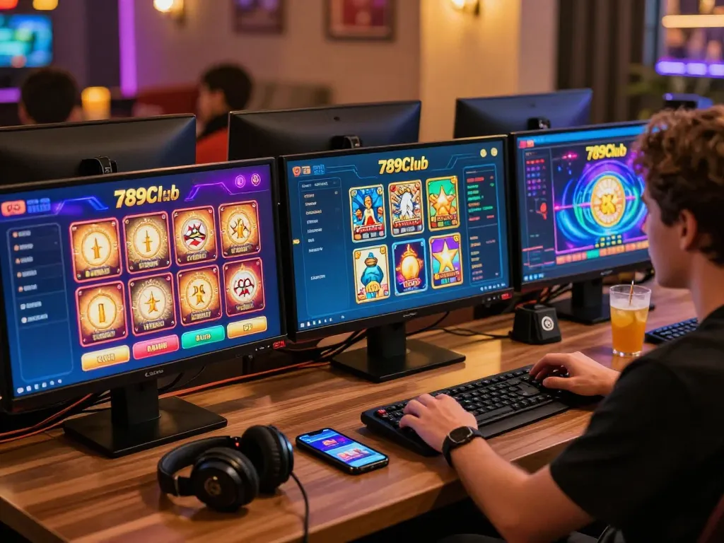 Engaging online gaming scene showcasing the link 789club mới nhất on screens, creating an exciting casino atmosphere.