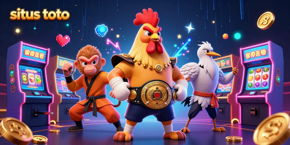 situs toto delivers thrilling gaming experiences as the rooster, monkey, and crane team up in a vibrant casino scene.