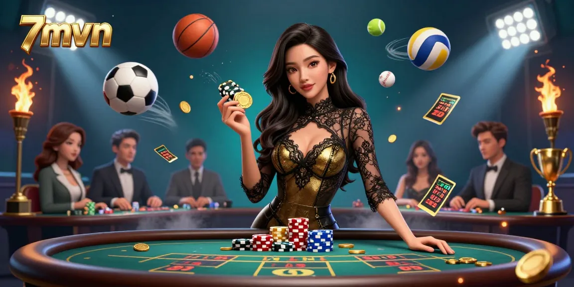 Betting high stakes at 7mvn with a glamorous woman at a VIP table featuring sports elements.