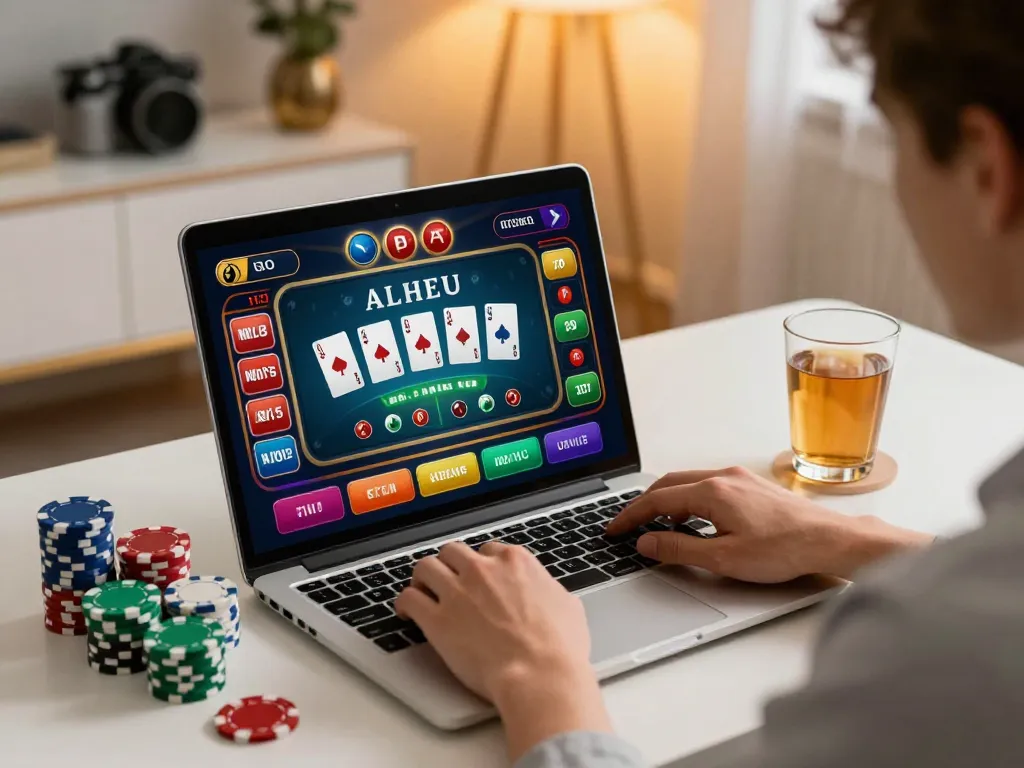 Player engaged in online gameplay at MM99, showcasing poker interface and chips in a cozy home setting.