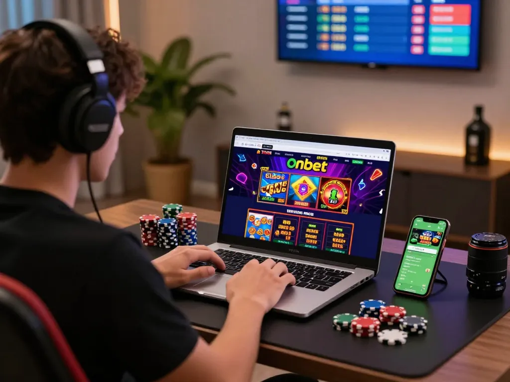 Interactive Onbet online gaming scene featuring vibrant casino games and sports betting visuals to engage users.