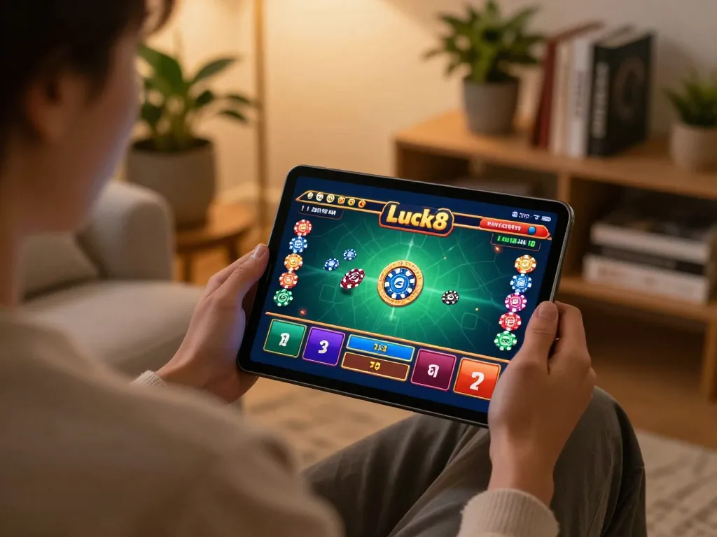 Player enjoying Luck8 casino games on tablet in a cozy, personalized home setup.
