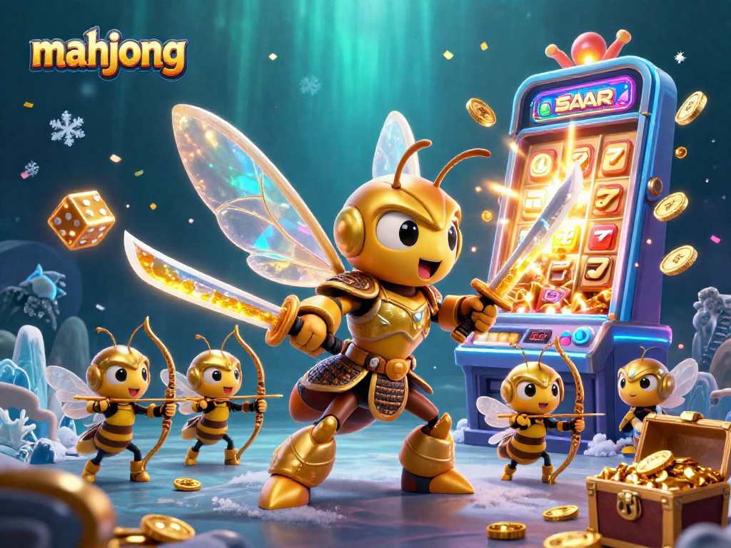 Experience thrilling mahjong gaming action with vibrant elements like a jackpot explosion and slot machine in a dynamic scene.