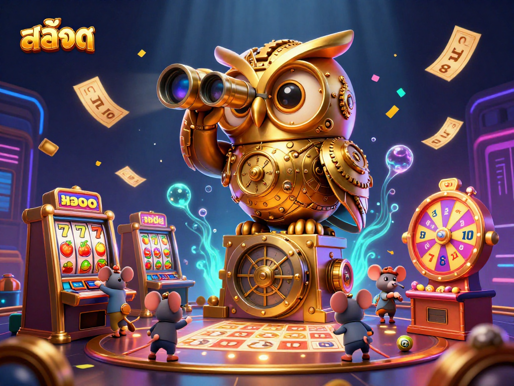 Experience thrilling สล็อต action with a cartoon golden owl scanning the casino floor, surrounded by vibrant game elements.