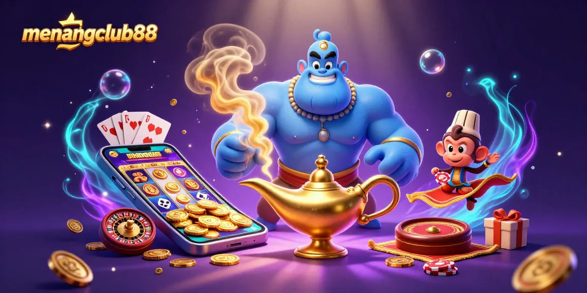 Experience the magic of menangclub88 with an enchanting casino scene featuring vibrant game symbols and characters.