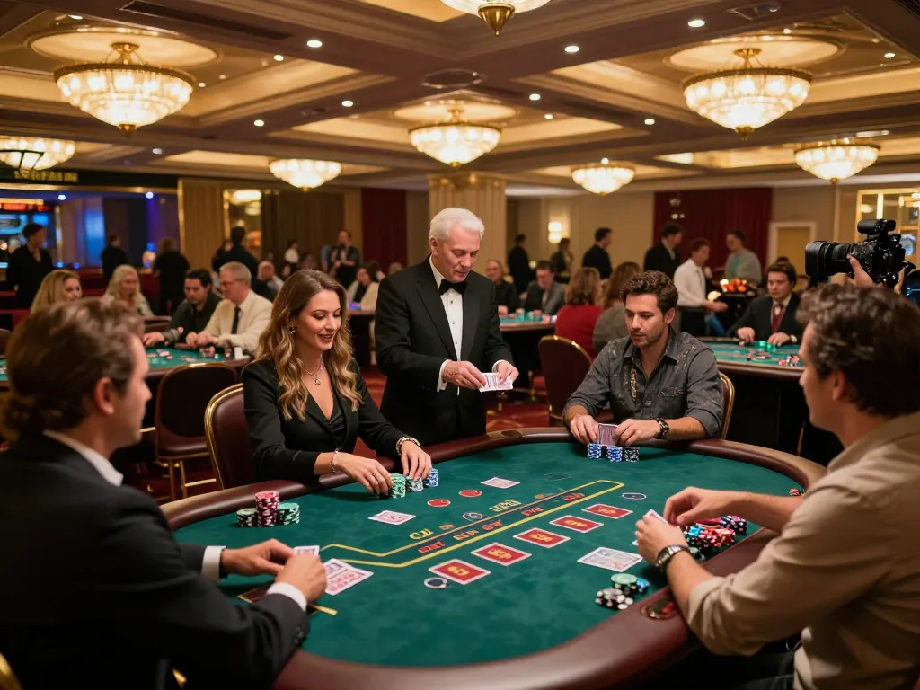 Players engaging at blackjack tables in vibrant btopcshop casino scene, showcasing excitement and luxury.