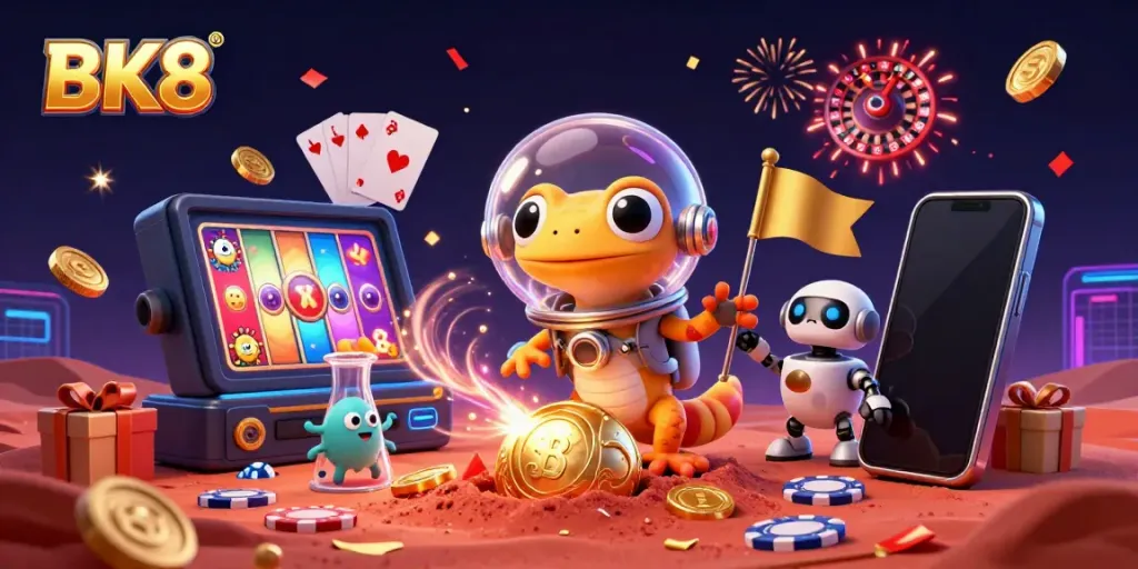 Experience thrilling wins at BK8 with a vibrant 3D casino illustration showing excitement and adventure.