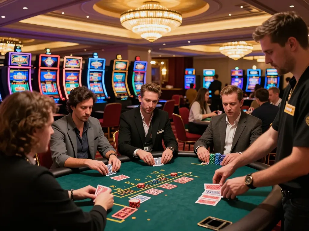 Players engage in high-stakes blackjack at a man88a casino with vibrant lighting.