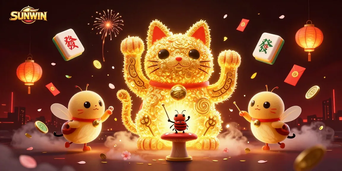 Engage with SUNWIN in a captivating casino illustration featuring a lucky cat and festive elements.