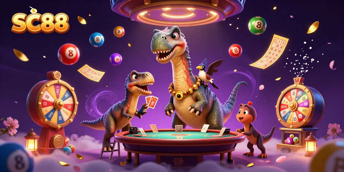 Experience thrilling casino action with SC88 as a dinosaur towers over a vibrant game scene filled with colorful elements.