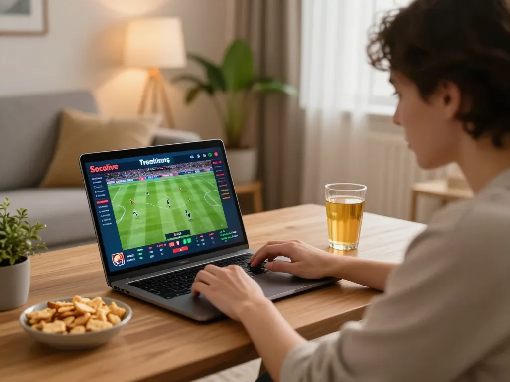 Socolive streaming live football match on laptop while betting, cozy home setup.