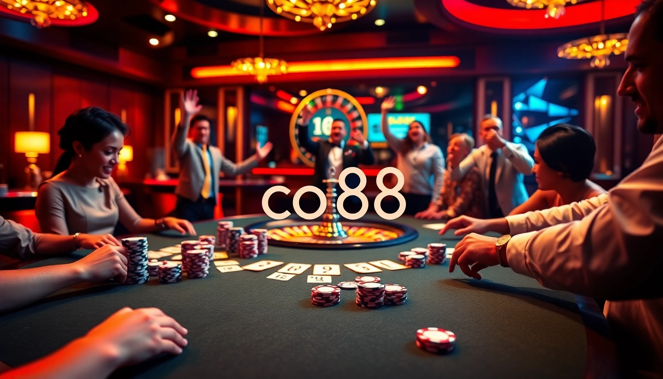 Players cheered as they celebrate a big win at the co88 poker table in a vibrant casino scene.
