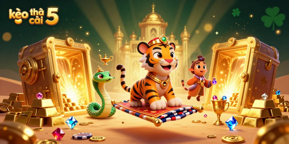 Catch the excitement with kèo nhà cái 5, where a cartoon tiger sultan navigates a treasure-filled adventure.
