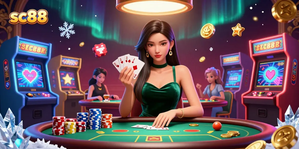 Experience the excitement of sc88 with a stunning casino scene featuring poker strategy and vibrant 3D elements.