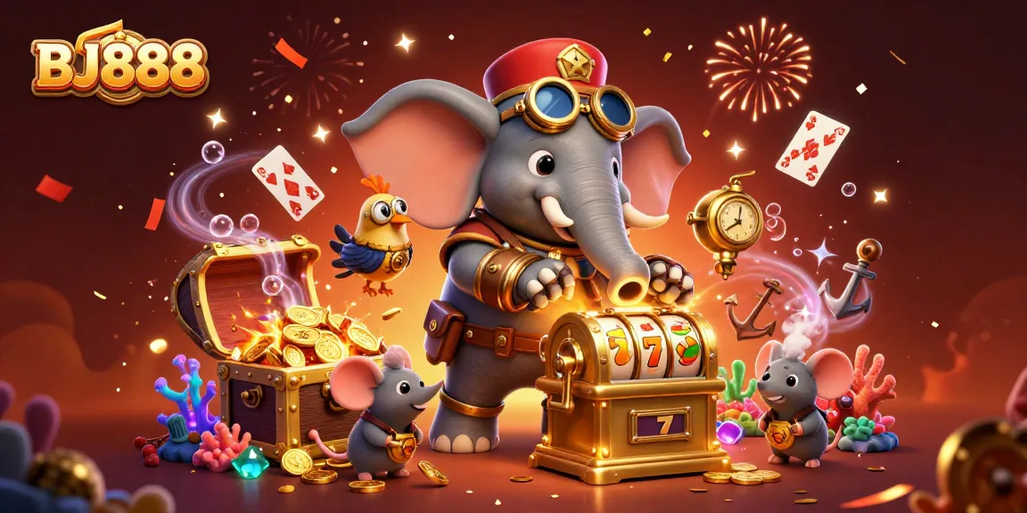 Experience thrilling wins with BJ888 at a dynamic casino scene featuring a steampunk elephant and golden slots.