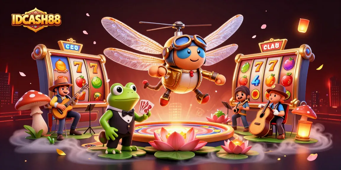 Experience fun at IDCASH88 with a lively casino scene featuring a dragonfly pilot and frog croupier.