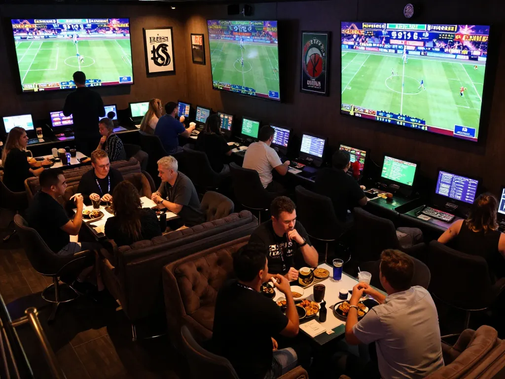Watch bettors engage in m104 sports betting excitement with live events on screens.