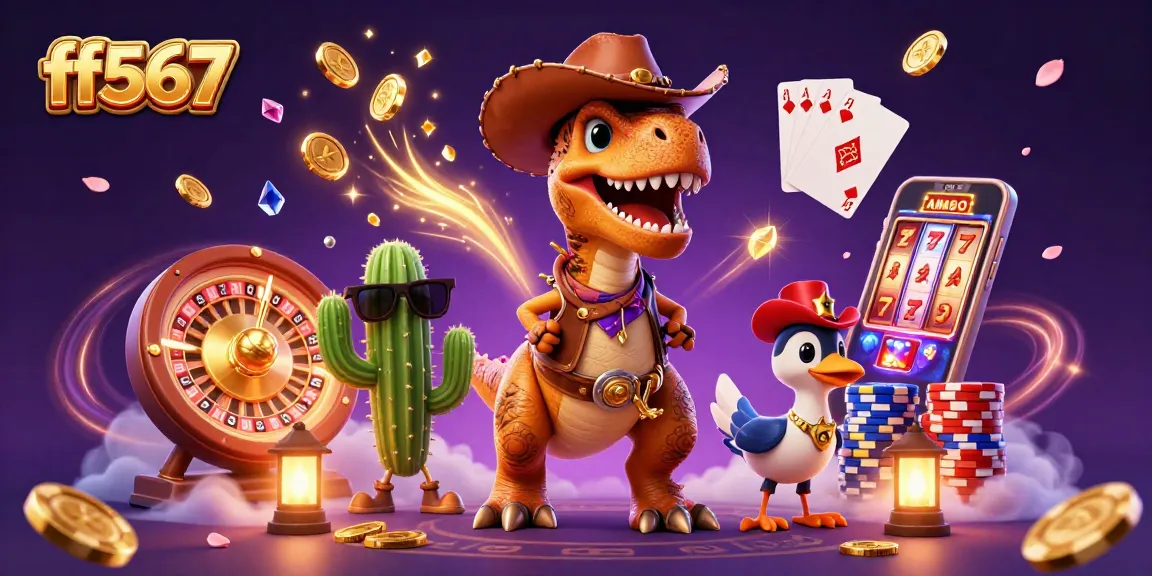 Aproveite a emocionante experiência do ff567 com um T-Rex cowboy e jackpots de cassino.