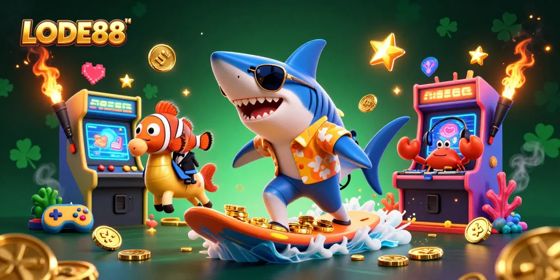 Engage with LODE88 as a shark surfs on gold coins amidst vibrant gaming elements.