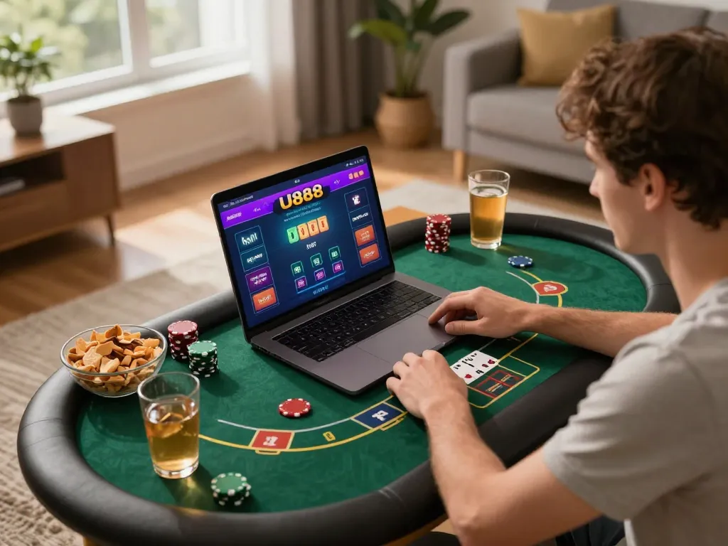 Player enjoying U888 online poker with snacks and strategy guide in cozy home setting