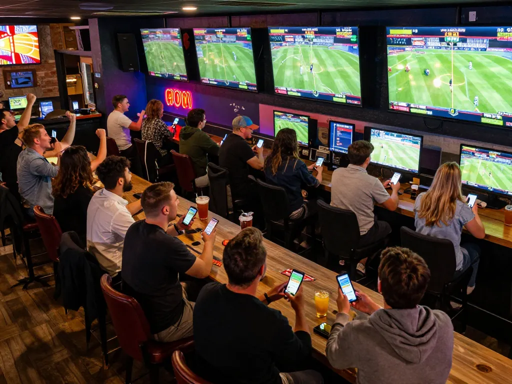 Engaged bettors using smartphones for live sports betting at Hi88 sports bar, excitement visible in vibrant atmosphere