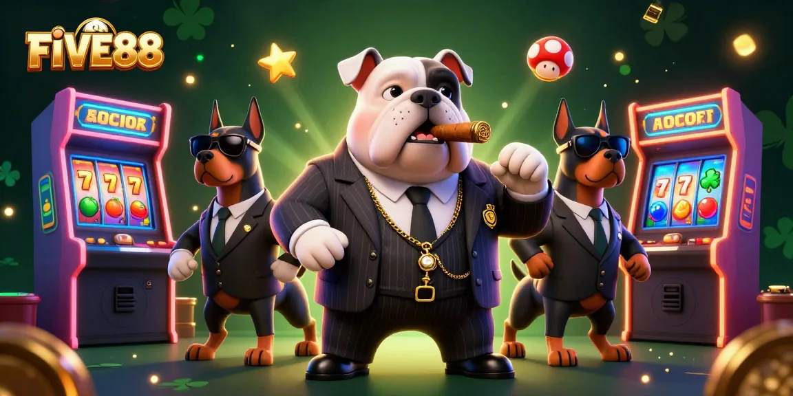 Experience thrilling gameplay with FIVE88 as a mafia boss bulldog and his Doberman bodyguards showcase an exciting casino scene.