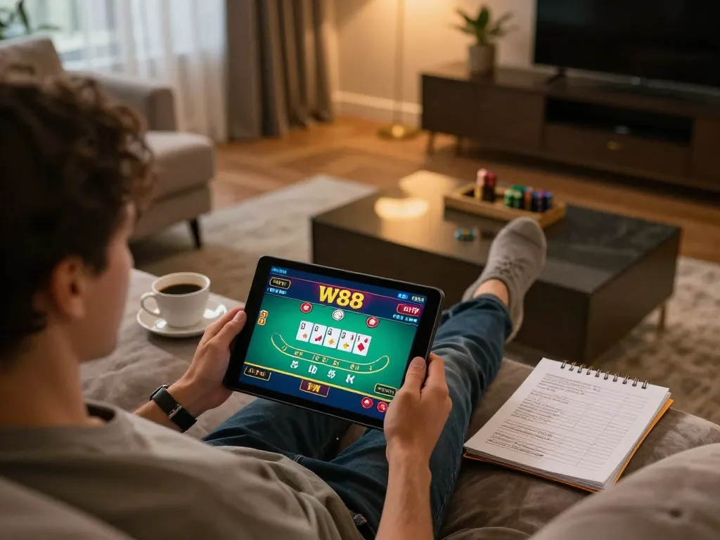 Player enjoying a blackjack game on W88 platform, showcasing online gambling strategy and comfort