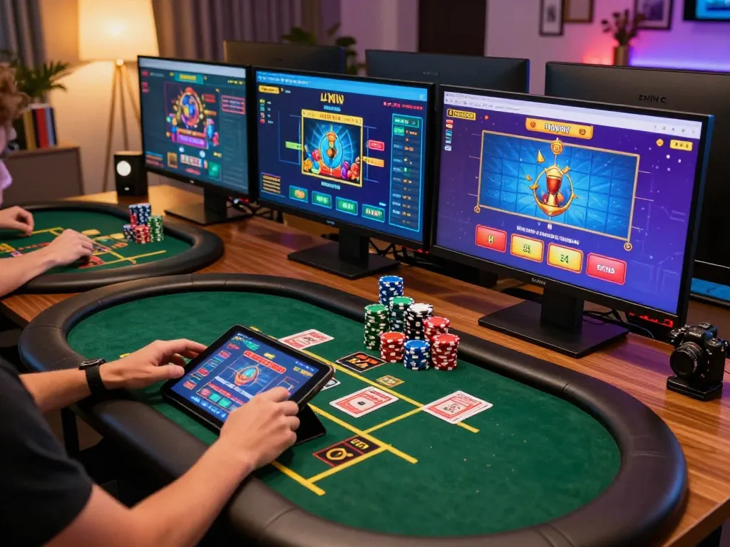 Engaging online gaming moment with fabet on multiple screens and poker chips visible.
