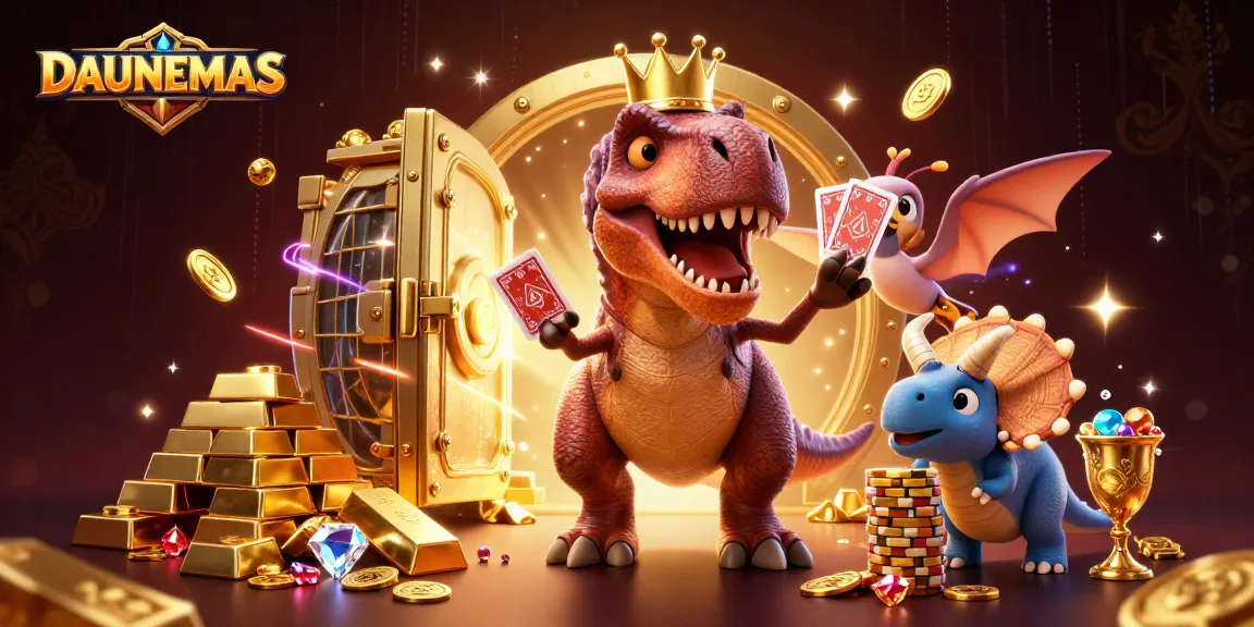 Experience thrilling card action at DAUNEMAS with a quirky T-Rex, pterodactyl, and triceratops.