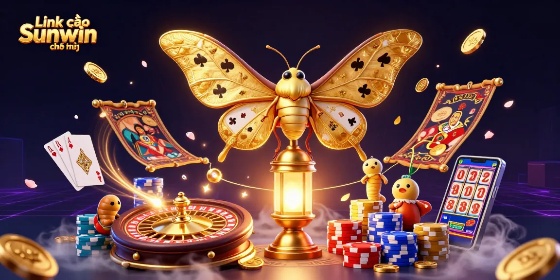 Experience the excitement of gambling with Link vào Sunwin chính thức featuring a 3D cartoon moth and vibrant casino elements.