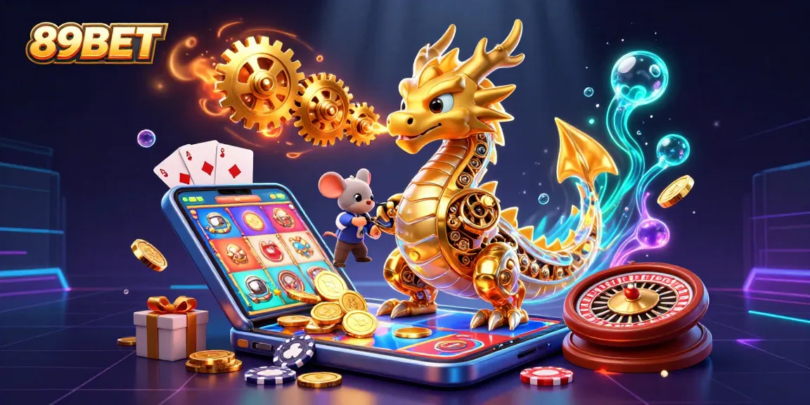 Play exciting slot games at 89BET amid golden cogs and vibrant casino elements.