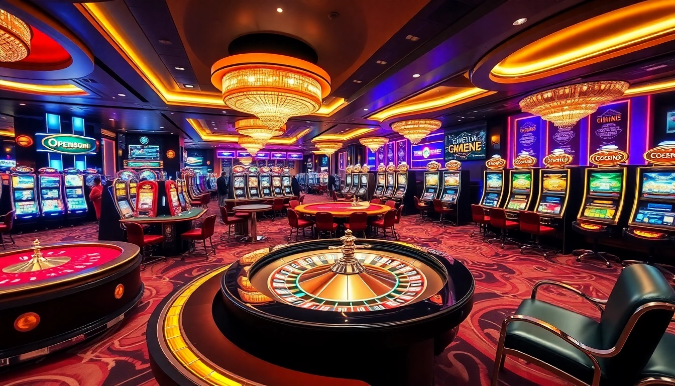 An exciting casino scene at OPEN88COM with vibrant tables, roulette wheels, and slot machines showcasing luxury and thrilling gameplay.