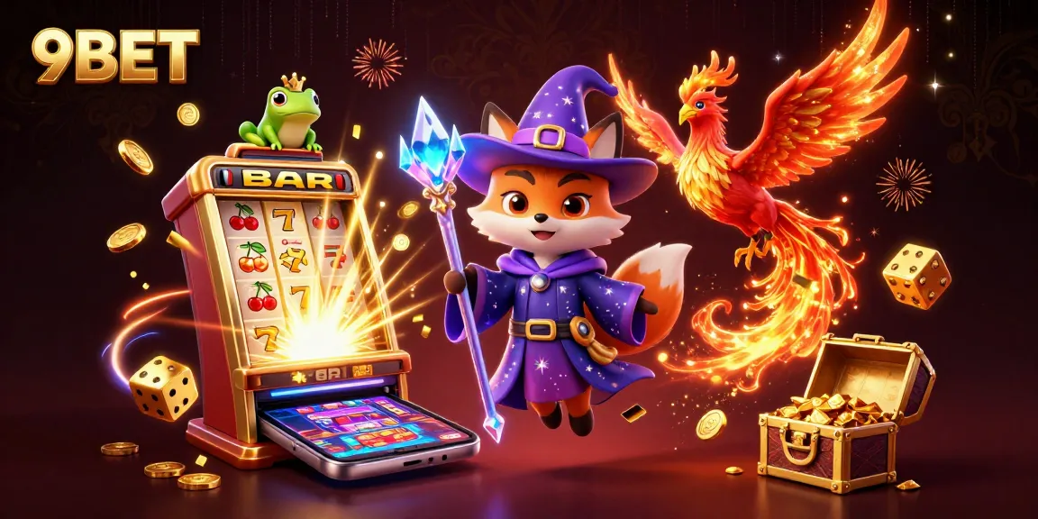 Experience thrilling gaming at 9BET with an explosion of slots and dynamic casino imagery.