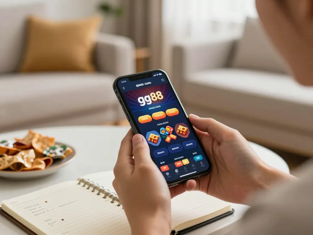 Engaging with the gg88 com app on a smartphone in a cozy home gambling setup