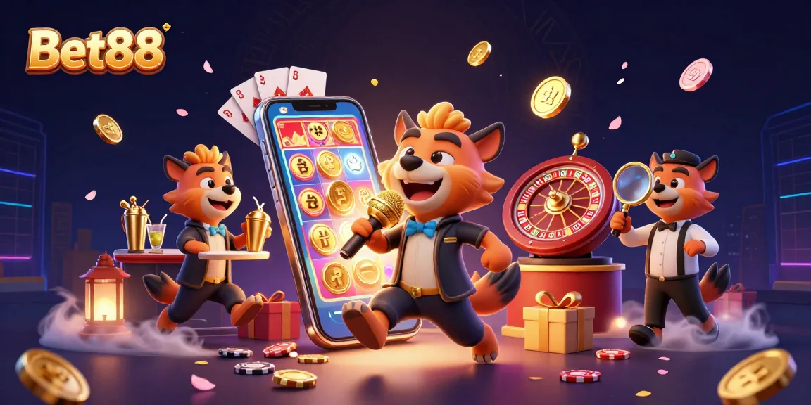 Bet88 hyenas illustrating comedy, bartending, and bouncer roles in a lively casino
