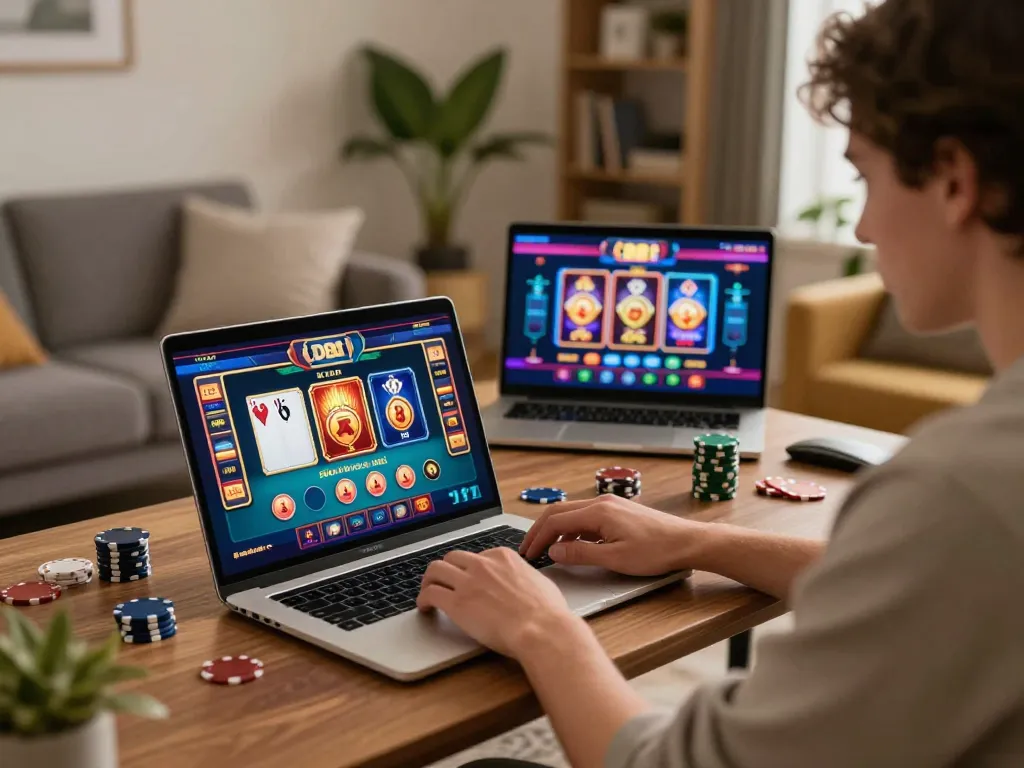 Player engaging with TR88 online casino games on laptop in cozy home setting