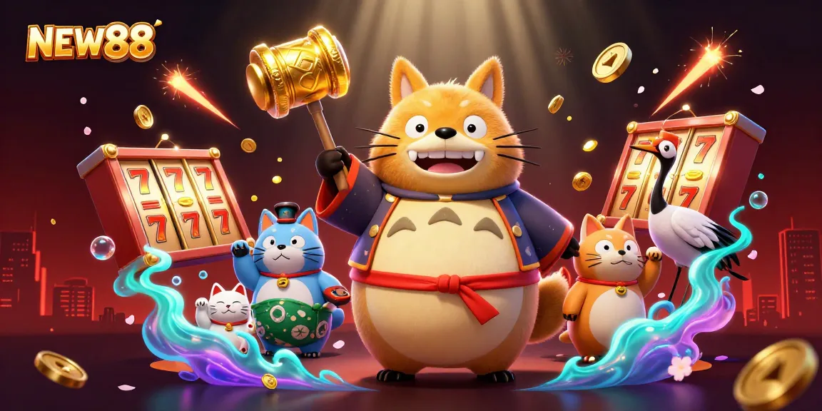 Engage in the vibrant world of NEW88 with this illustrated scene featuring festive characters amidst thrilling slot game elements.