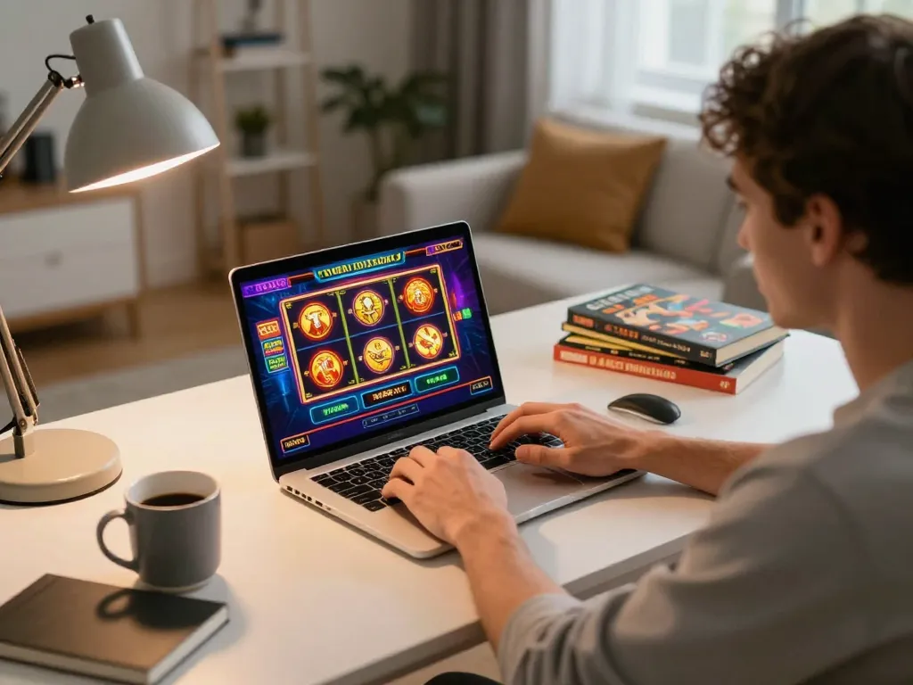 Engaged player using https://www-sg777.net/ in a bright home office for online casino entertainment.
