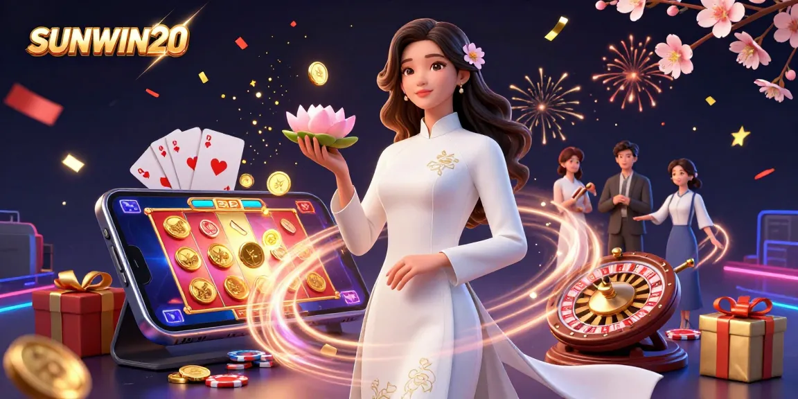 Spin to win with SUNWIN20 in a vibrant online casino illustration showcasing exciting game elements.