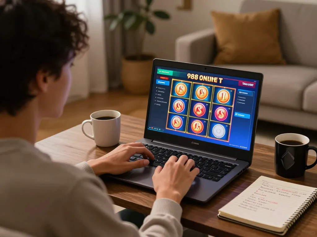 Engaging with 988slot online gaming on a laptop in a comfortable home setting.