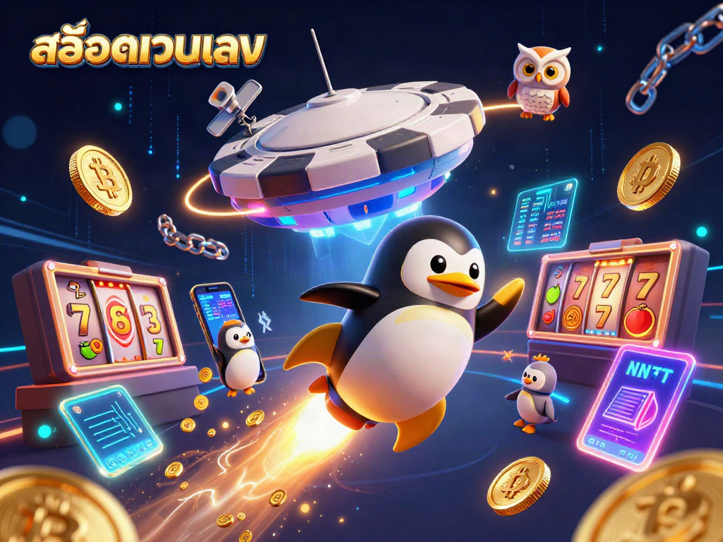 Experience fun at สล็อตเว็บตรง with a vibrant 3D scene featuring a golden penguin and slot reels.
