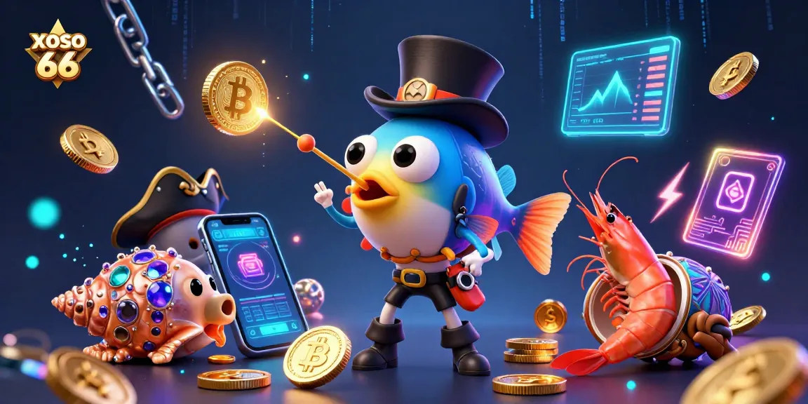 Exciting xoso 66 gaming scene with anglerfish and shrimp attracting gold coins amidst vibrant digital elements.