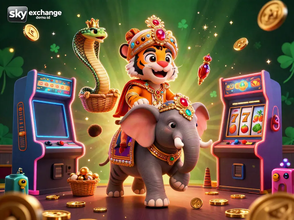 Engage in thrilling gaming action with sky exchange demo id, featuring a colorful casino scene with a maharaja tiger, a jeweled elephant, and engaging game elements.